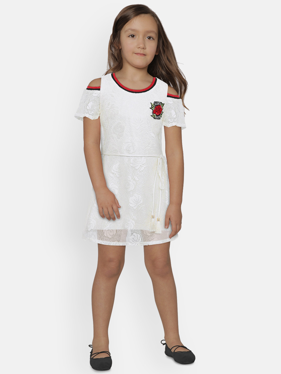 

Peppermint Girls Off-White Self Design Fit and Flare Dress