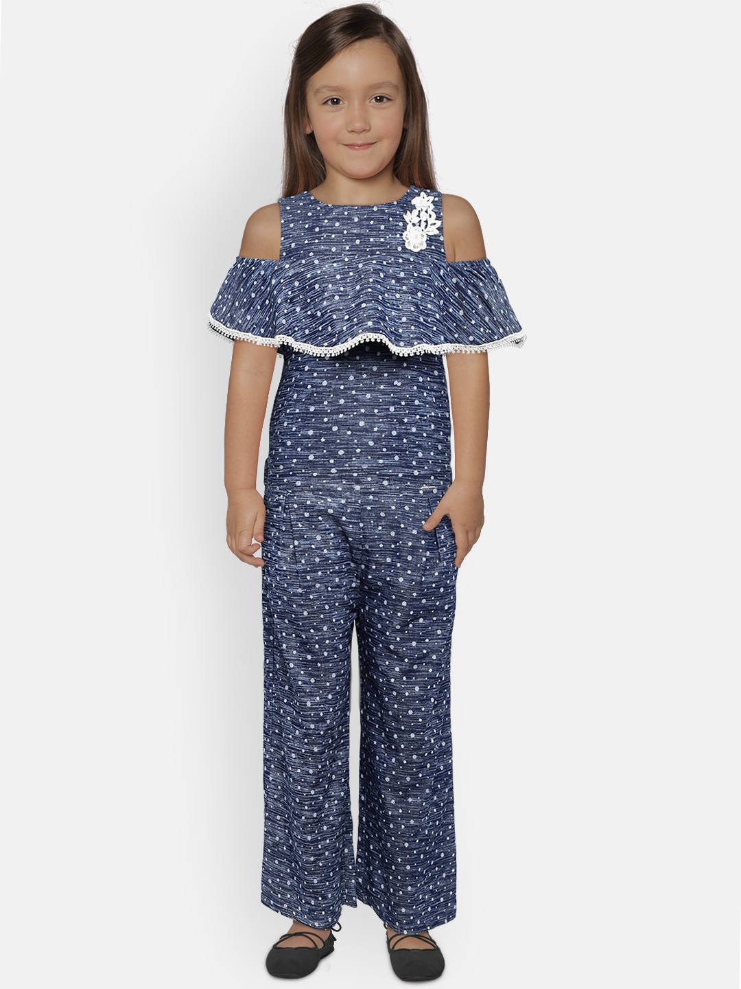 

Peppermint Girls Navy Blue & White Printed Basic Jumpsuit