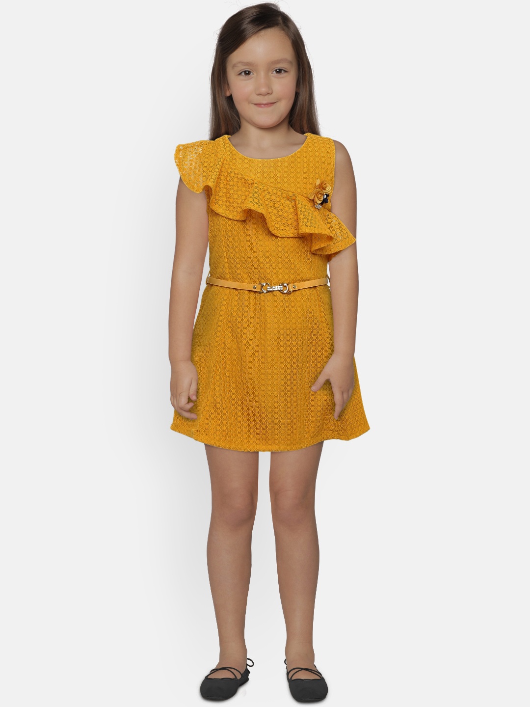 

Peppermint Girls Mustard Yellow Self Design A-line Dress