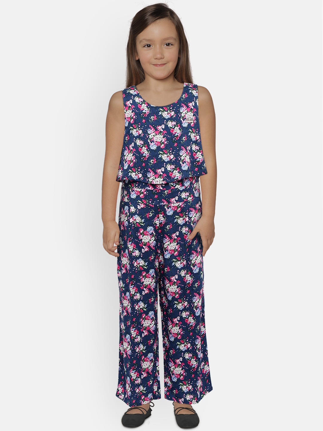

Peppermint Girls Navy Blue & Pink Printed Basic Jumpsuit