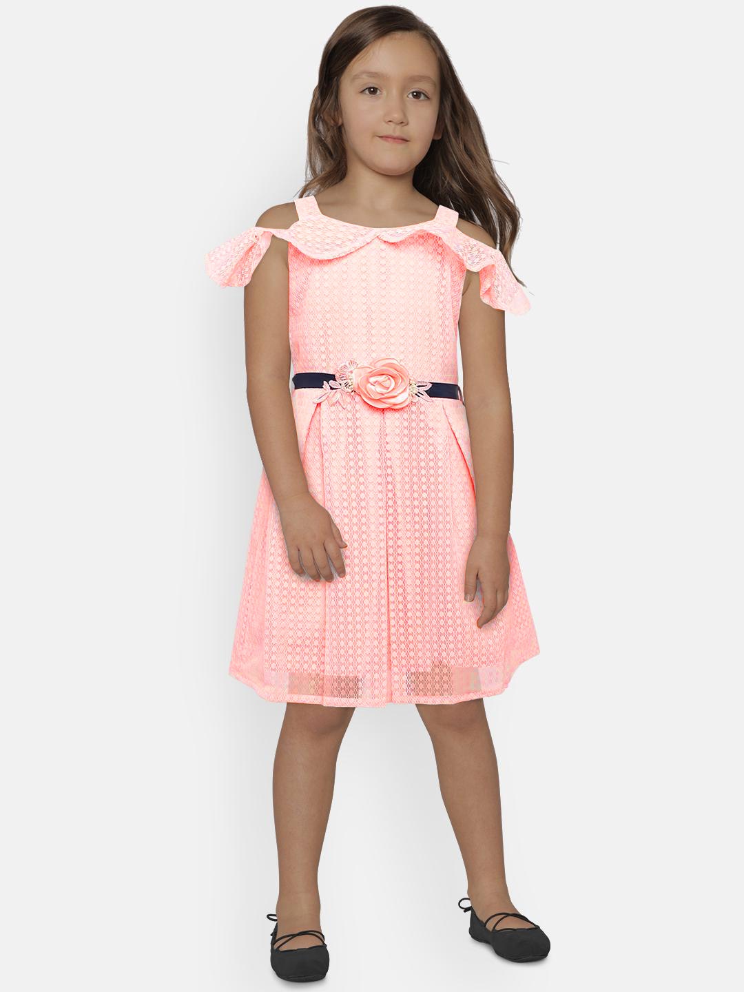 

Peppermint Girls Peach-Coloured Self Design Fit and Flare Dress