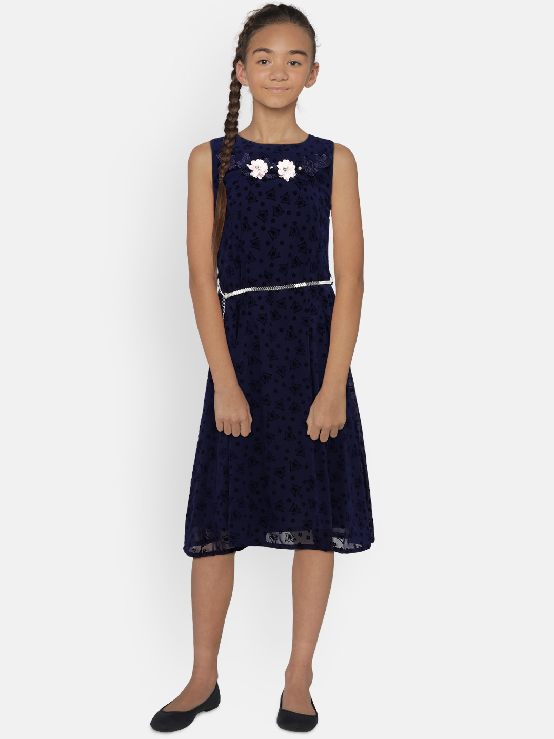 

Peppermint Girls Navy Blue Printed Fit and Flare Dress