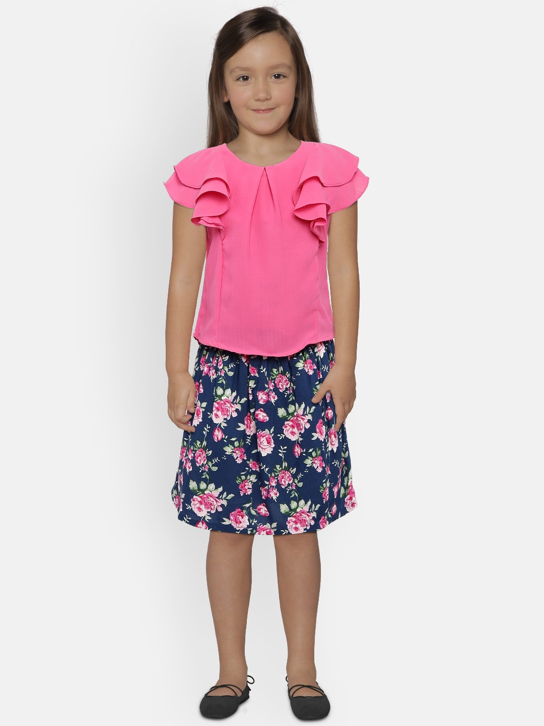 

Peppermint Girls Pink & Navy Blue Solid Top with Skirt