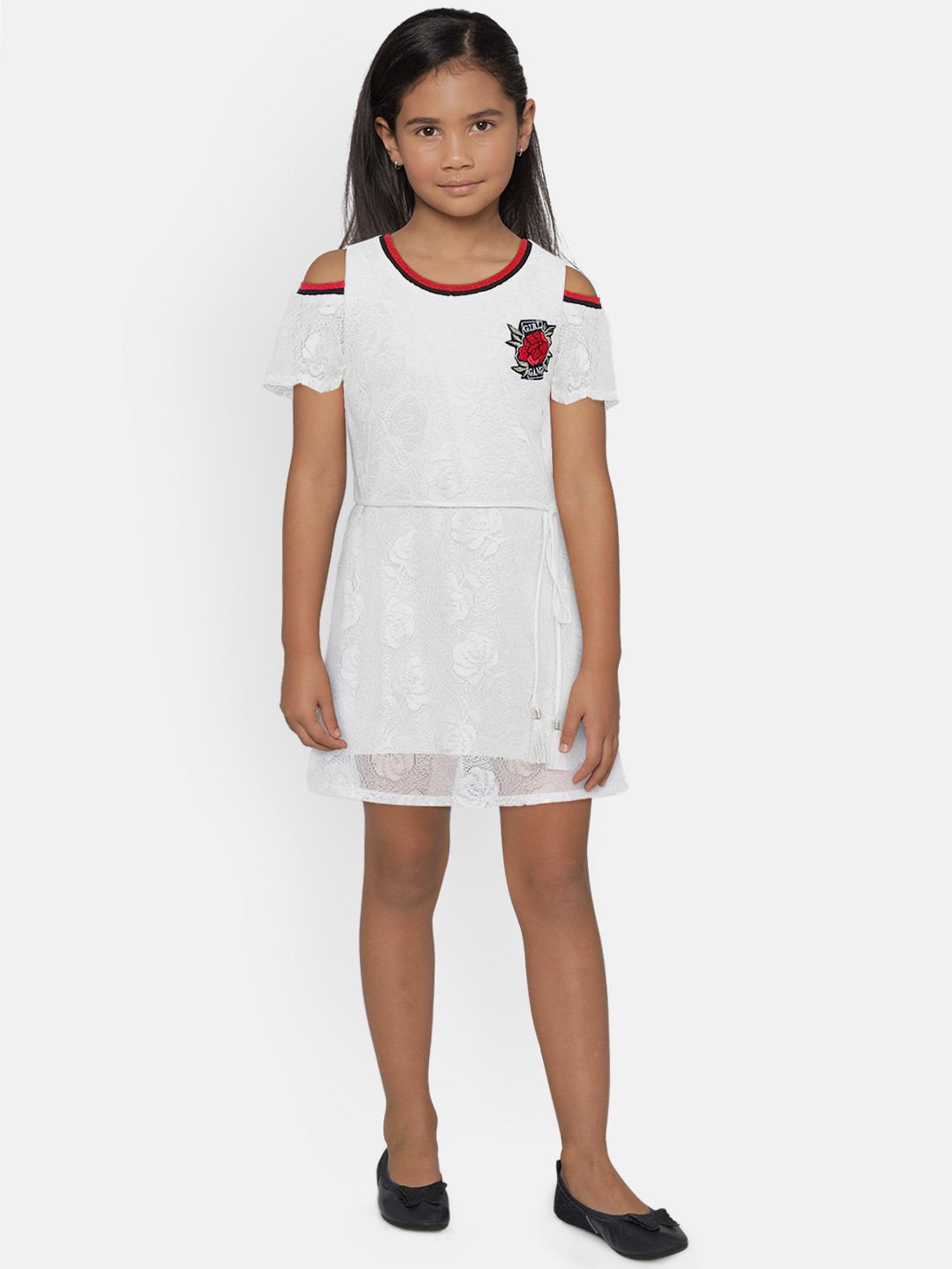 

Peppermint Girls White Self Design A-Line Dress