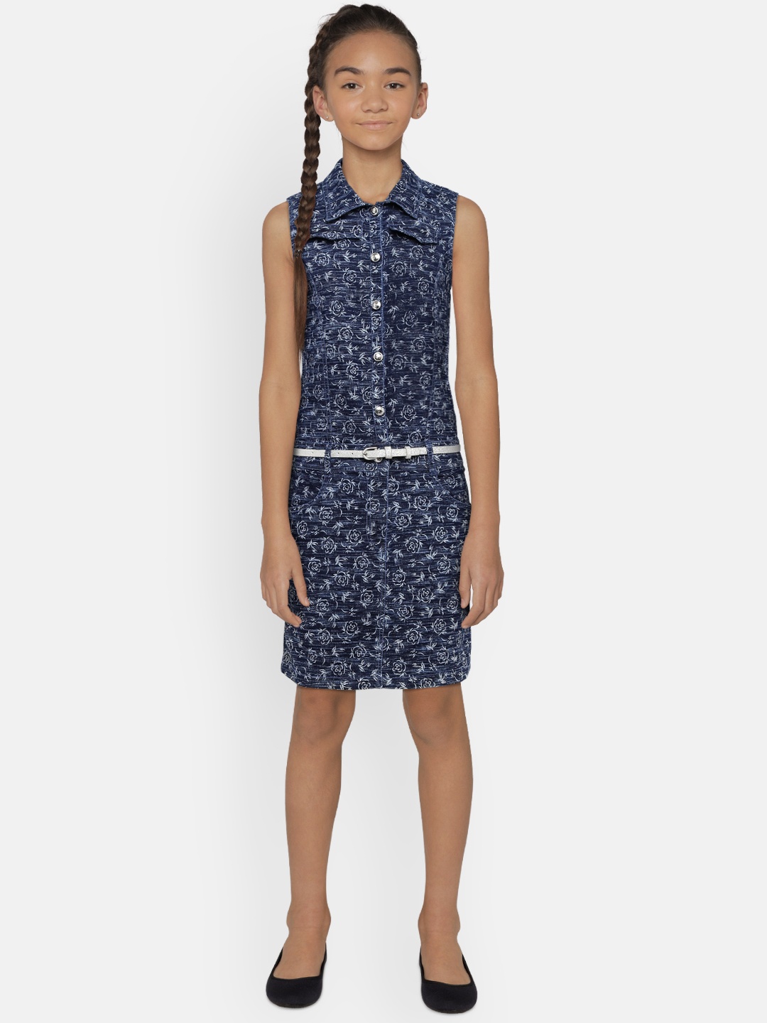 

Peppermint Girls Navy Blue Printed Shirt-Style Dress