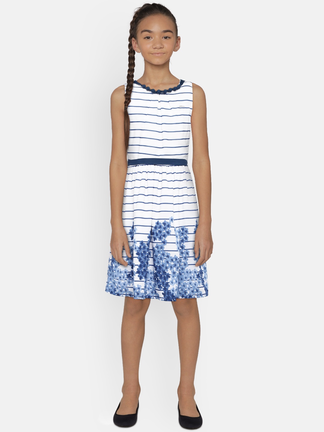 

Peppermint Girls Navy Blue Striped Fit and Flare Dress