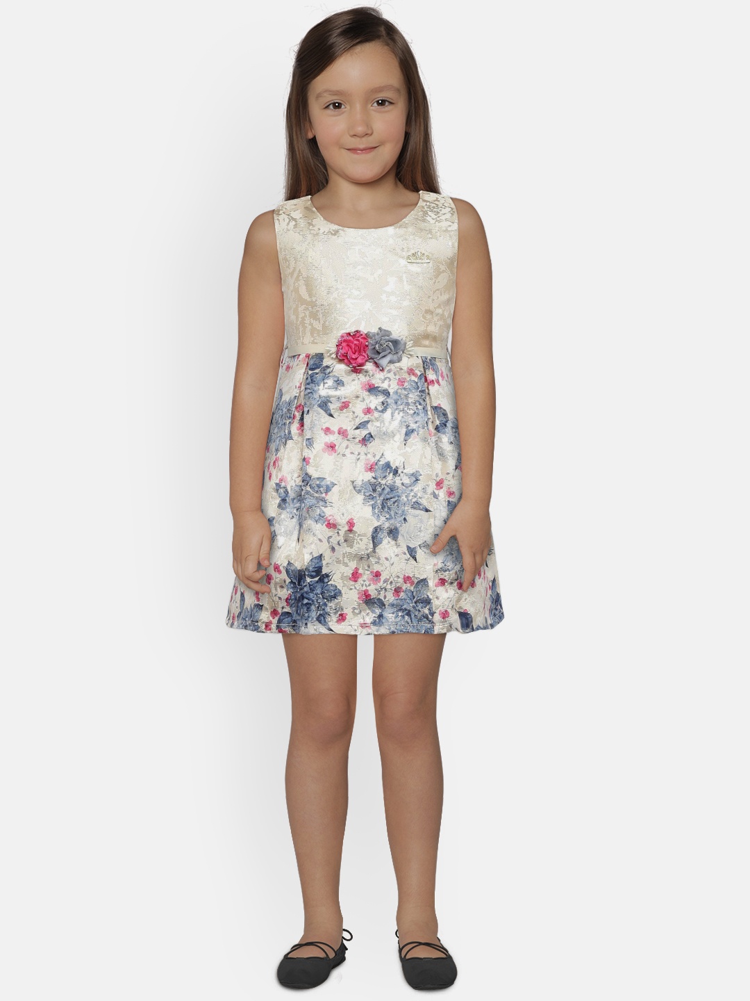 

Peppermint Girls Gold-Toned & Grey Printed Fit and Flare Dress