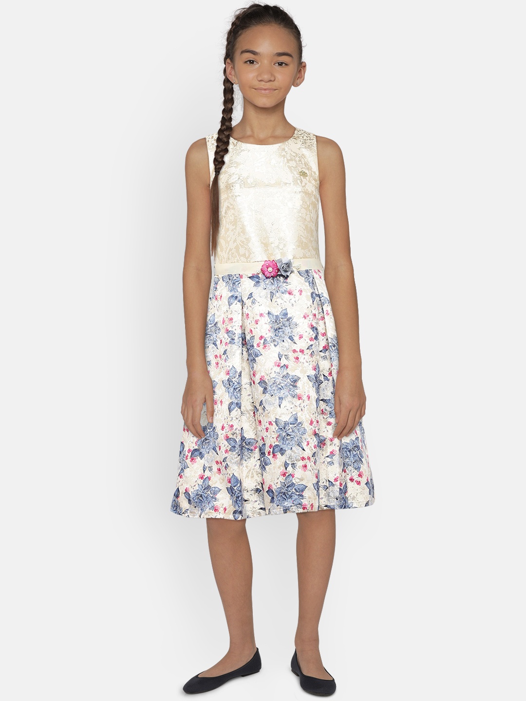 

Peppermint Girls Gold-Toned & Blue Printed Fit and Flare Dress