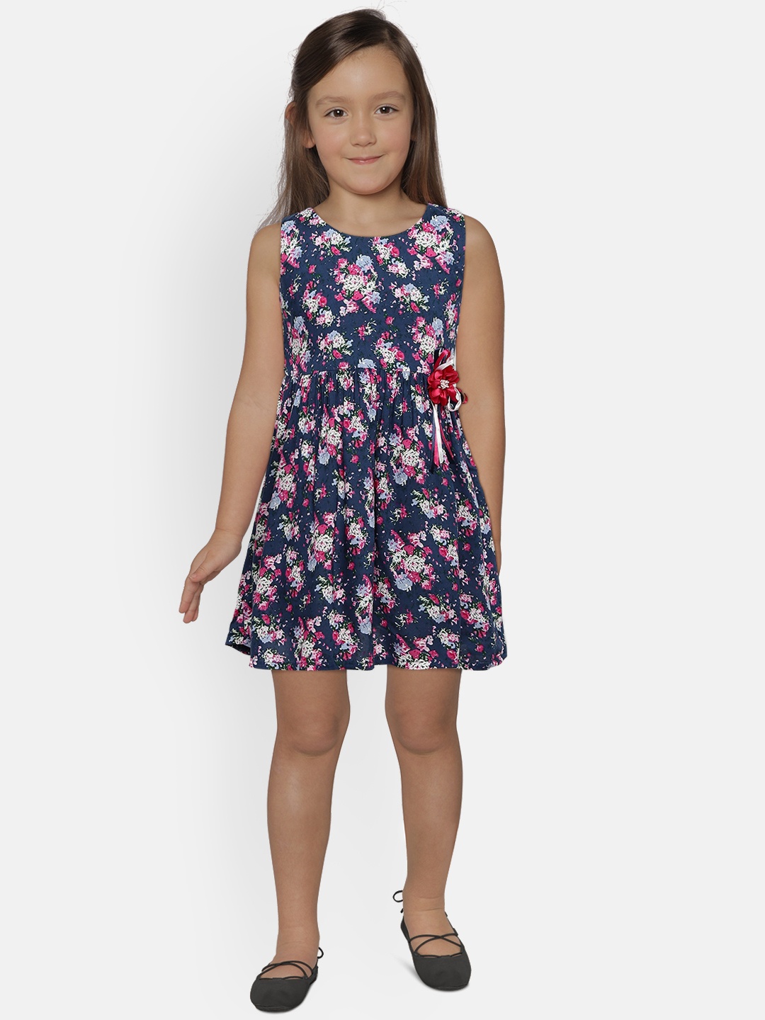 

Peppermint Girls Navy Blue Printed Fit and Flare Dress