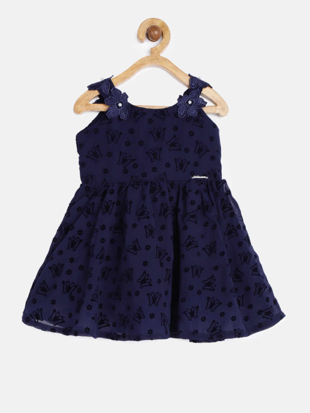 

Peppermint Girls Navy Blue Self Design Fit and Flare Dress