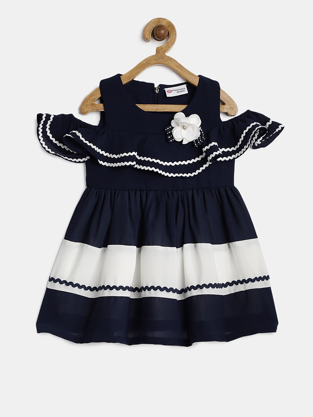 

Peppermint Girls Navy Blue Colourblocked Fit and Flare Dress