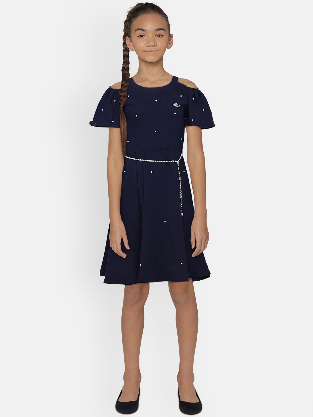 

Peppermint Girls Navy Blue Embellished Fit and Flare Dress