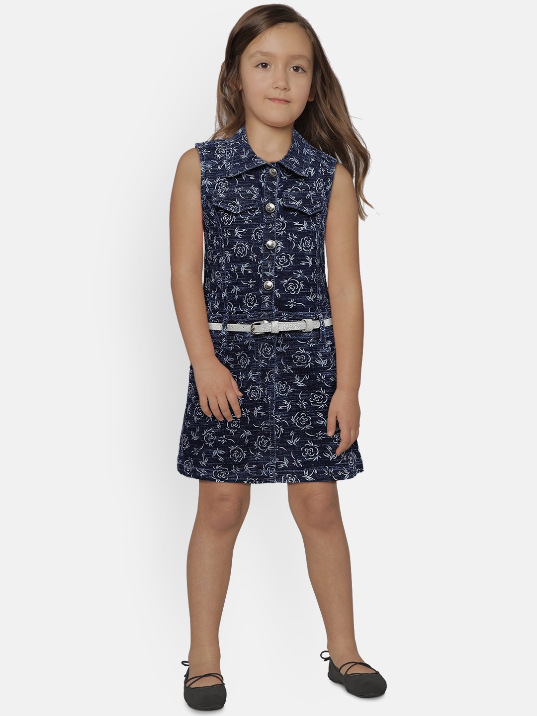 

Peppermint Girls Navy Blue Printed Shirt Dress