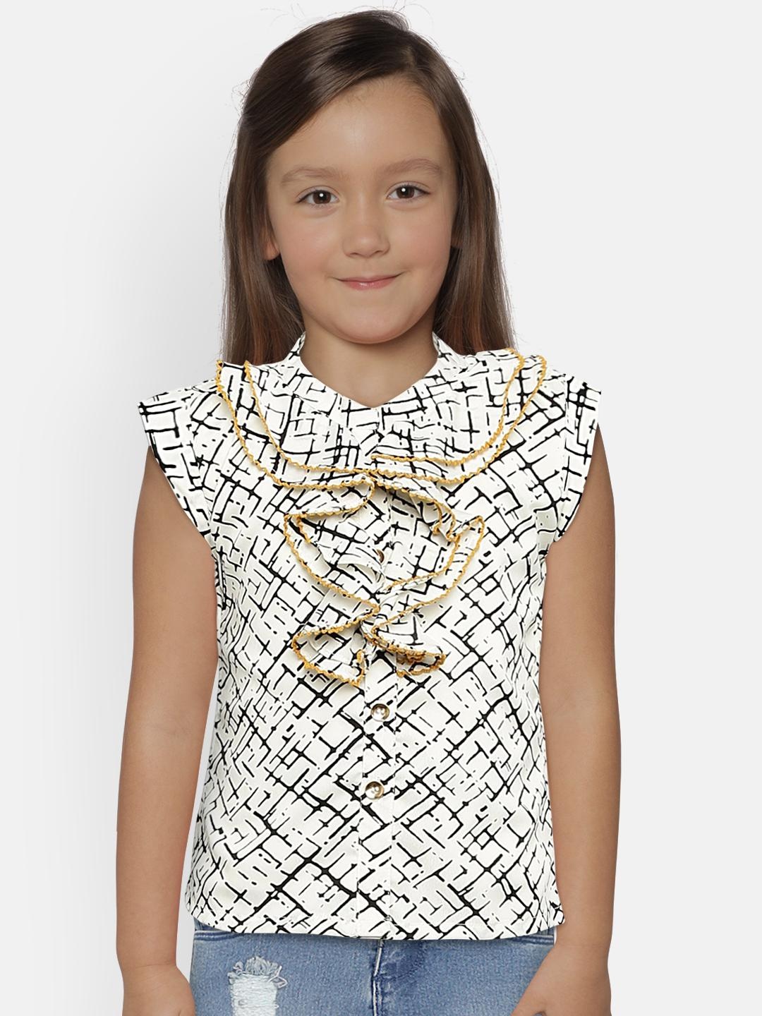 

Peppermint Girls Off-White & Black Printed Shirt Style Top
