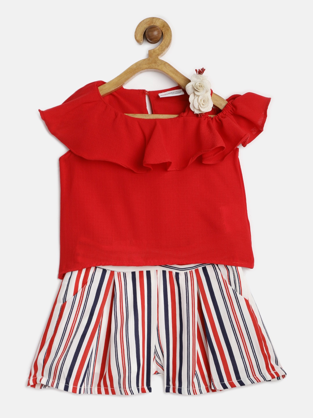 

Peppermint Girls Red & Off-White Solid Top with Striped Shorts with Brooch