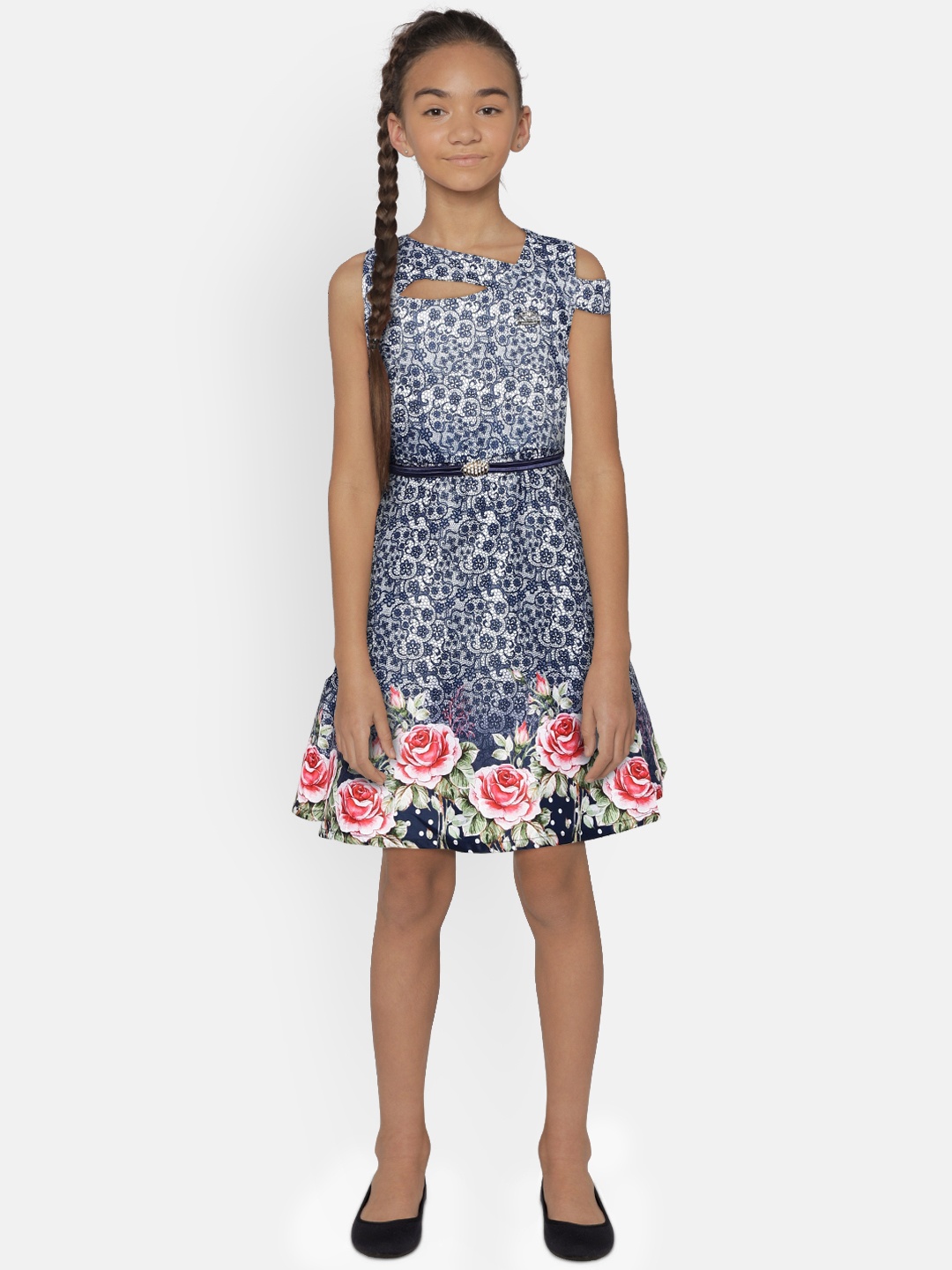 

Peppermint Girls Navy Blue & White Printed A-Line Dress