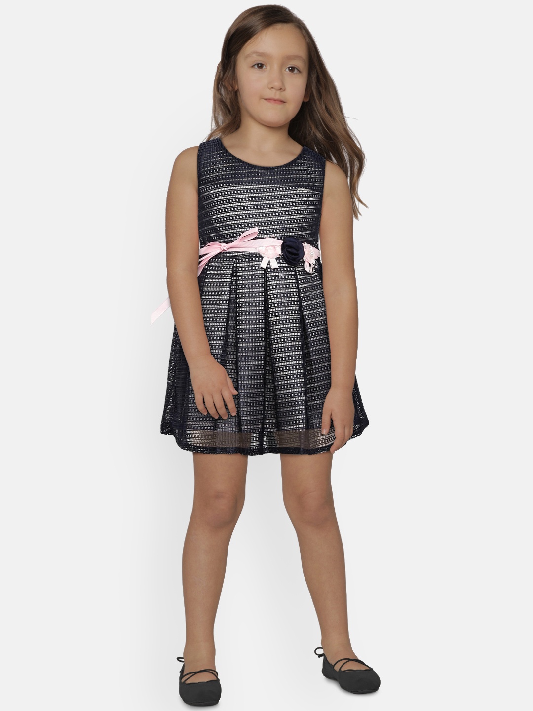

Peppermint Girls Navy Blue & Grey Printed Fit and Flare Dress