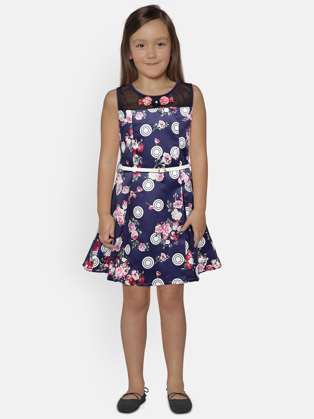 

Peppermint Girls Navy Blue Printed Fit and Flare Dress