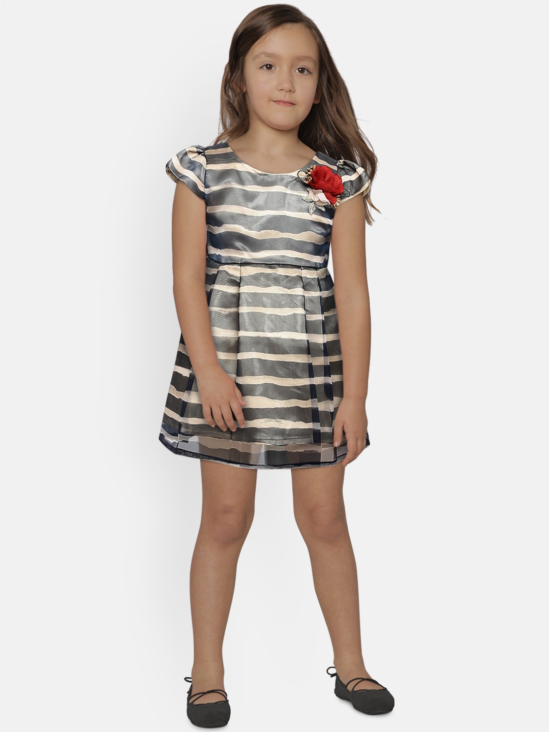 

Peppermint Girls Navy Blue & Beige Striped Fit and Flare Dress