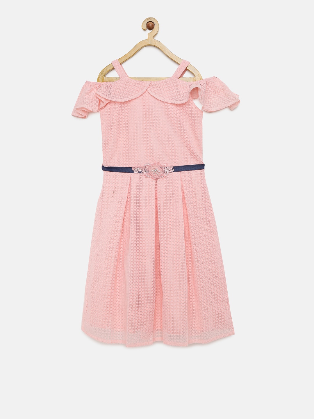 

Peppermint Girls Peach-Coloured Self Design Fit and Flare Dress