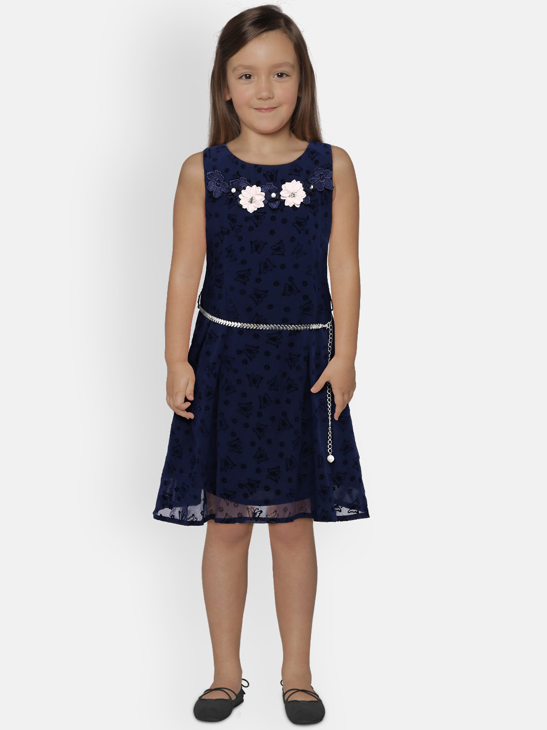 

Peppermint Girls Navy Blue Printed Fit and Flare Dress