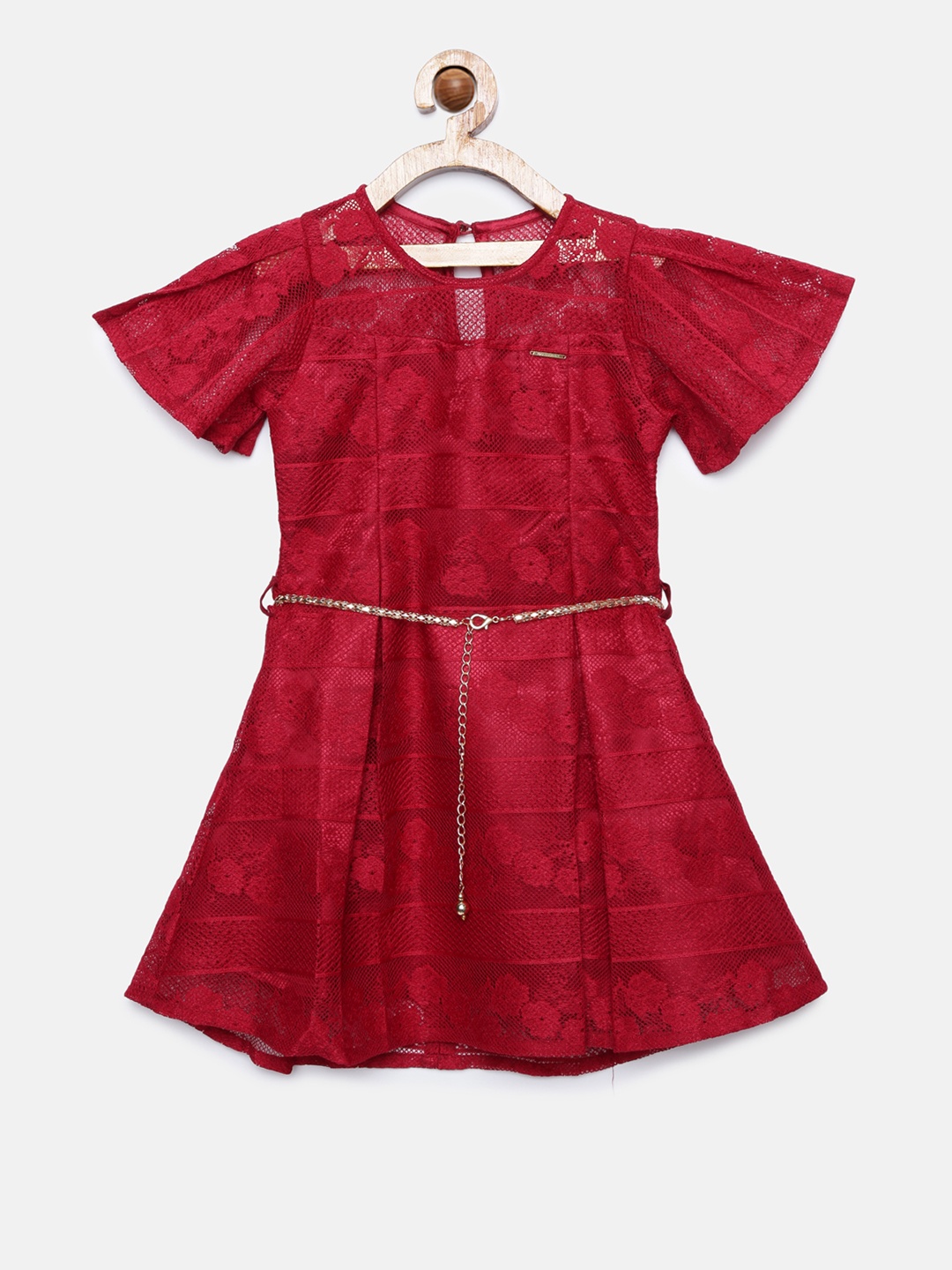 

Peppermint Girls Maroon Self Design Fit and Flare Dress