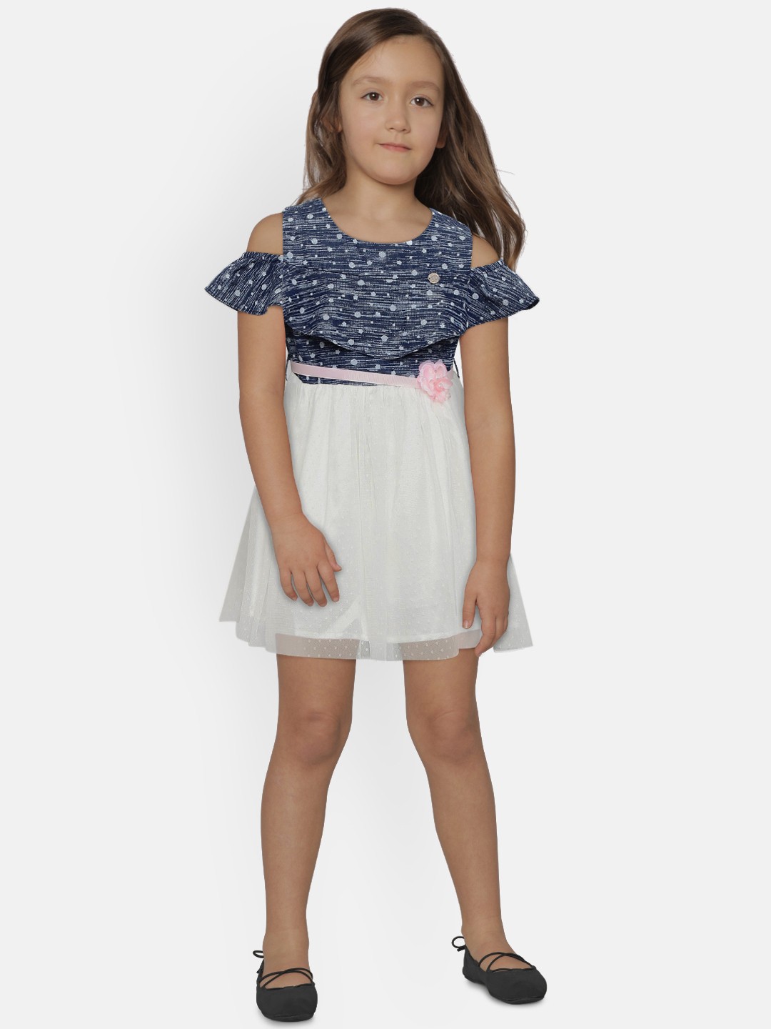 

Peppermint Girls Navy Blue & Off-White Printed Fit and Flare Dress