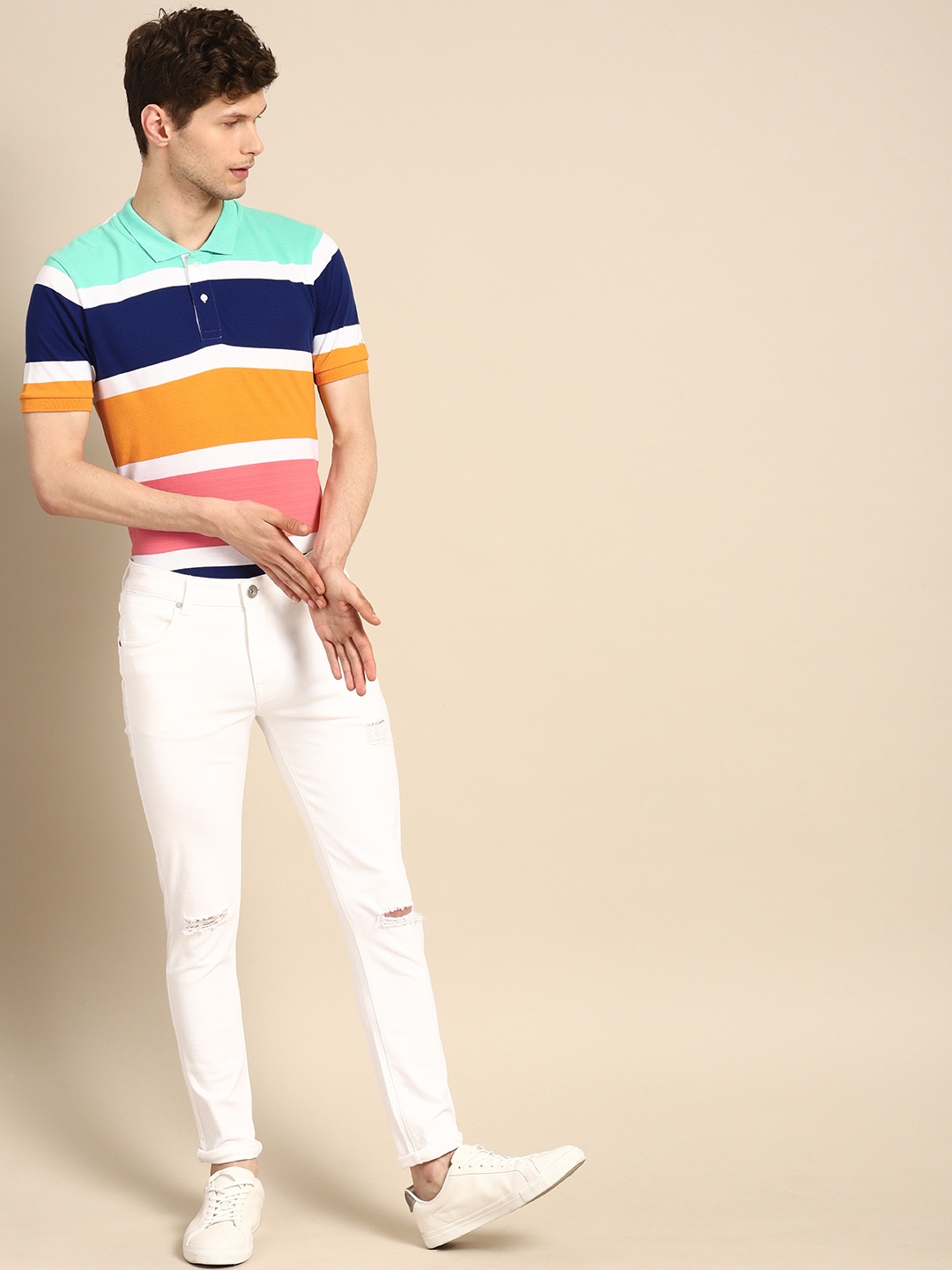 

ether Men Multicoloured Striped Polo Collar Pure Cotton T-shirt, Multi