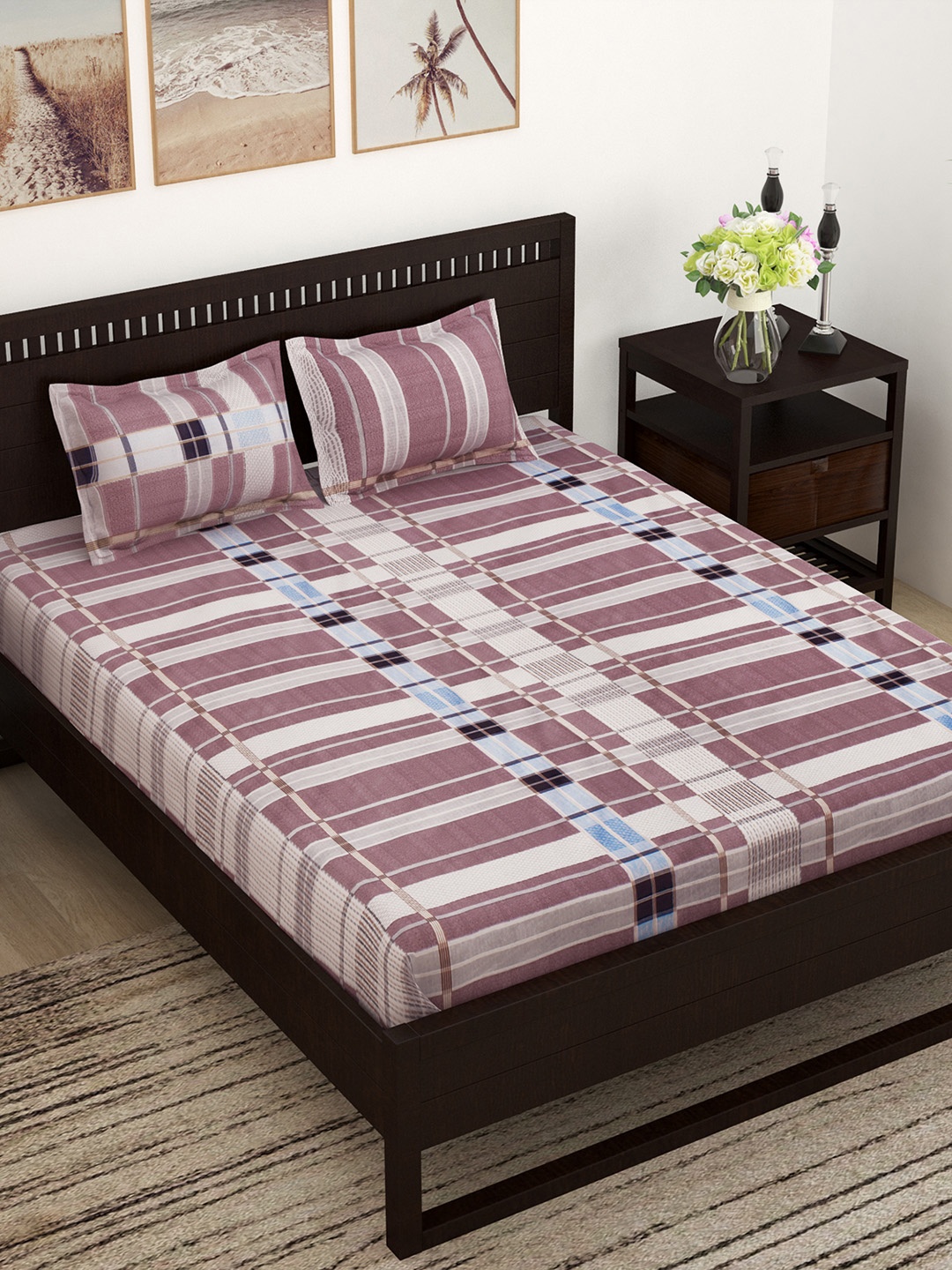 

Story@home Unisex Magenta & White Flat 144 TC Cotton 1 Queen Bedsheet with 2 Pillow Covers