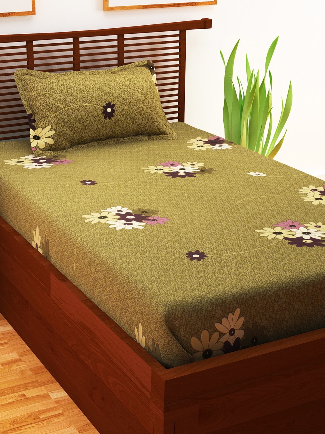 Story@home Green Floral Flat 208 TC Cotton 1 Single Bedsheet with 1 Pillow Covers