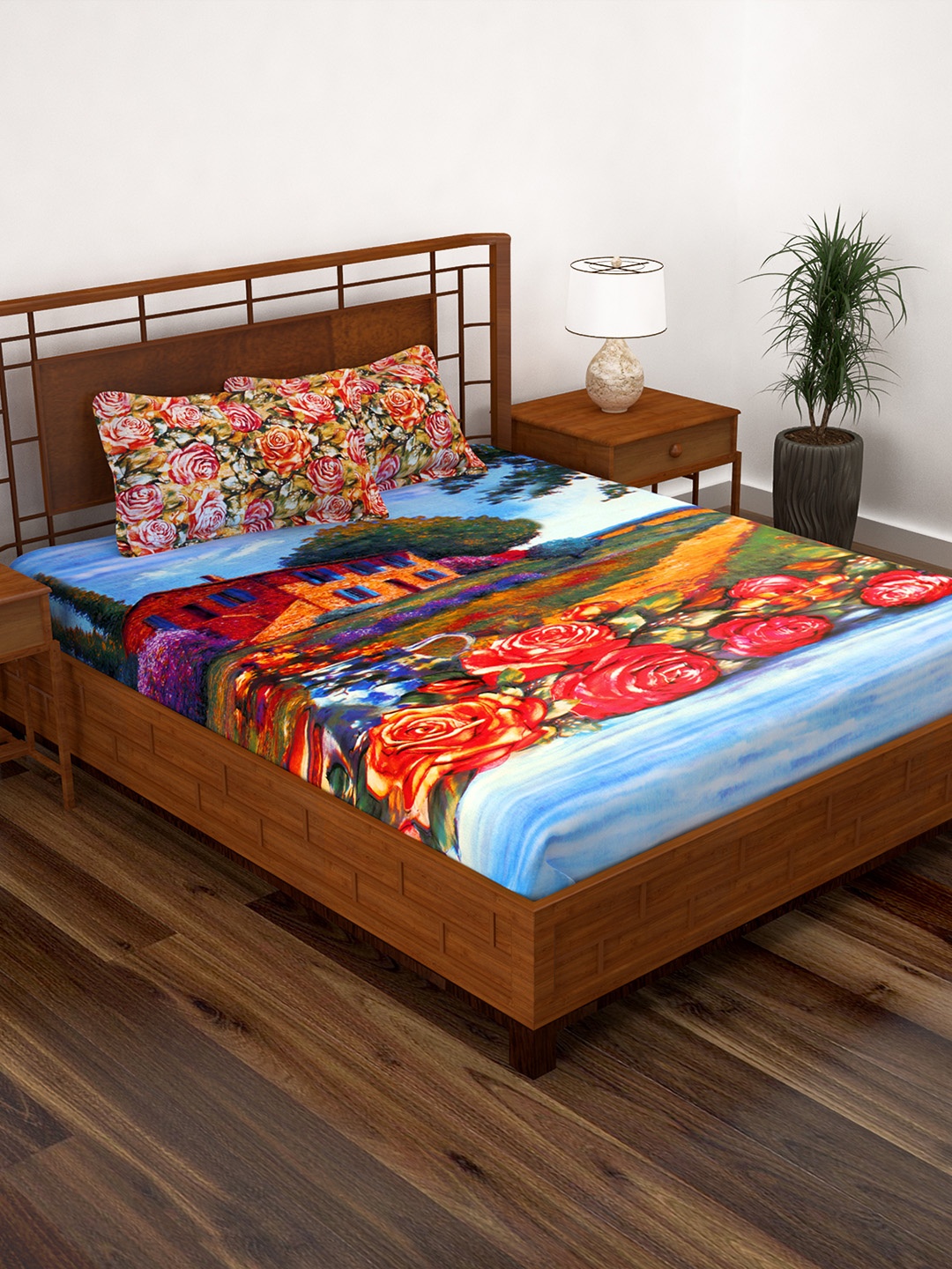 

Story@home Blue & Red Graphic 186 TC Cotton 1 Double Bedsheet with 2 Pillow Covers