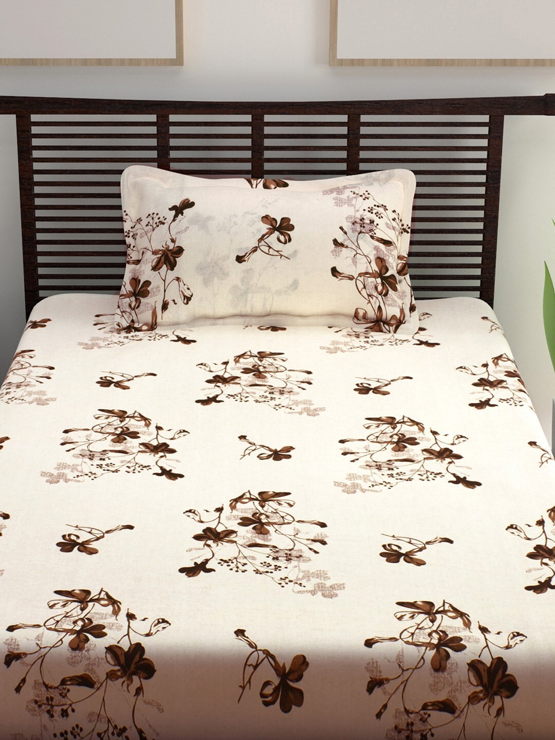 

Story@home Cream-Coloured Floral 208 TC Cotton 1 Single Bedsheet with 1 Pillow Cover