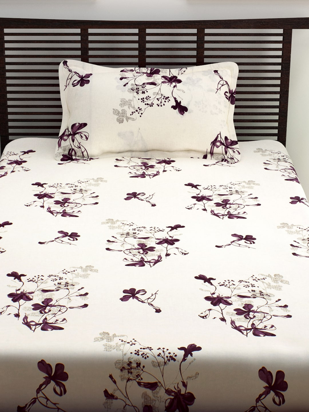 

Story@home Cream-Coloured & Purple Floral Flat 208 TC Cotton Bedsheet with 1 Pillow Cover