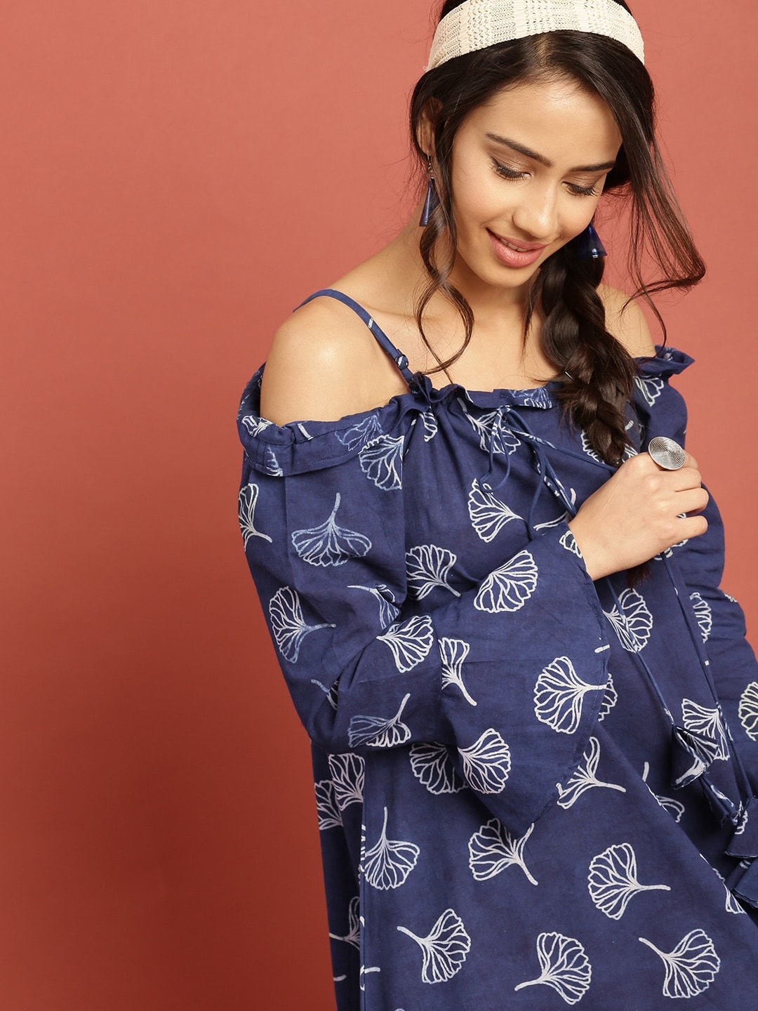 

Taavi Women Navy Blue Block Print Legacy A-Line Midi Sustainable Dress with Cold-Shoulder