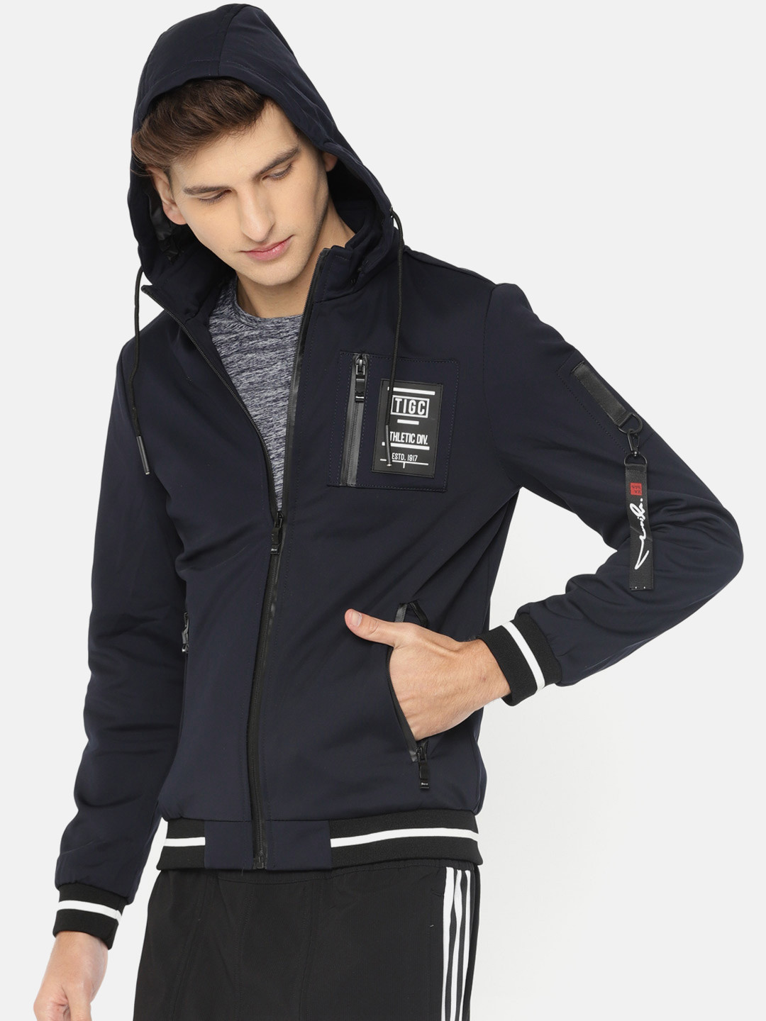 

The Indian Garage Co Men Navy Blue Solid Bomber