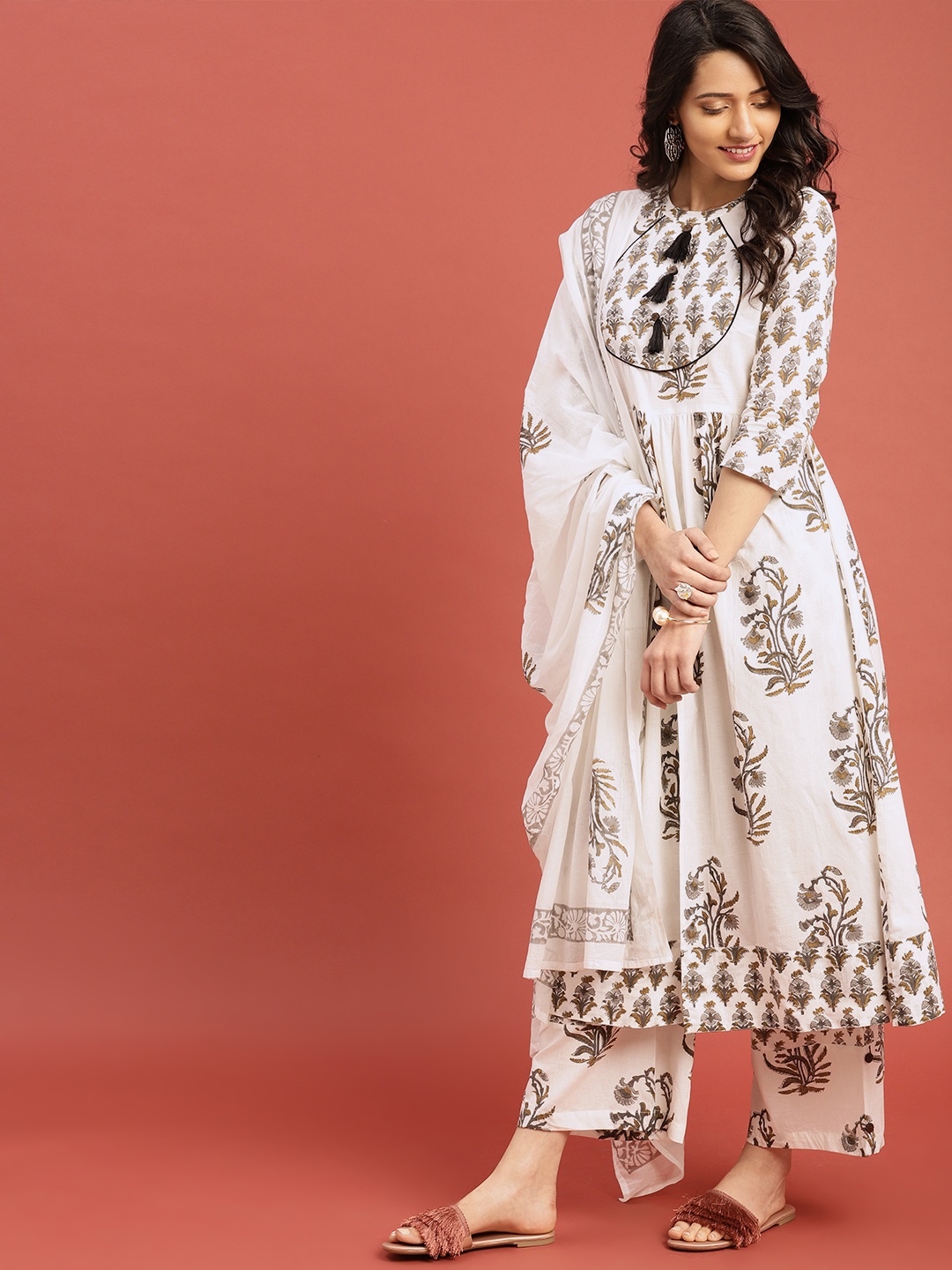 

Taavi Women White & Grey Block Print Legacy A-Line Tasselled Sustainable Kurta with Palazzos & Dupatta