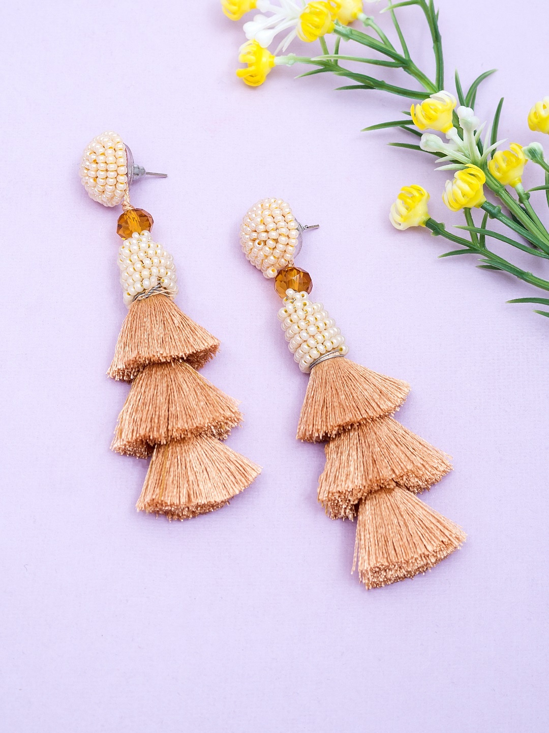 

Golden Peacock Gold-Plated & Beige Tasselled Drop Earrings