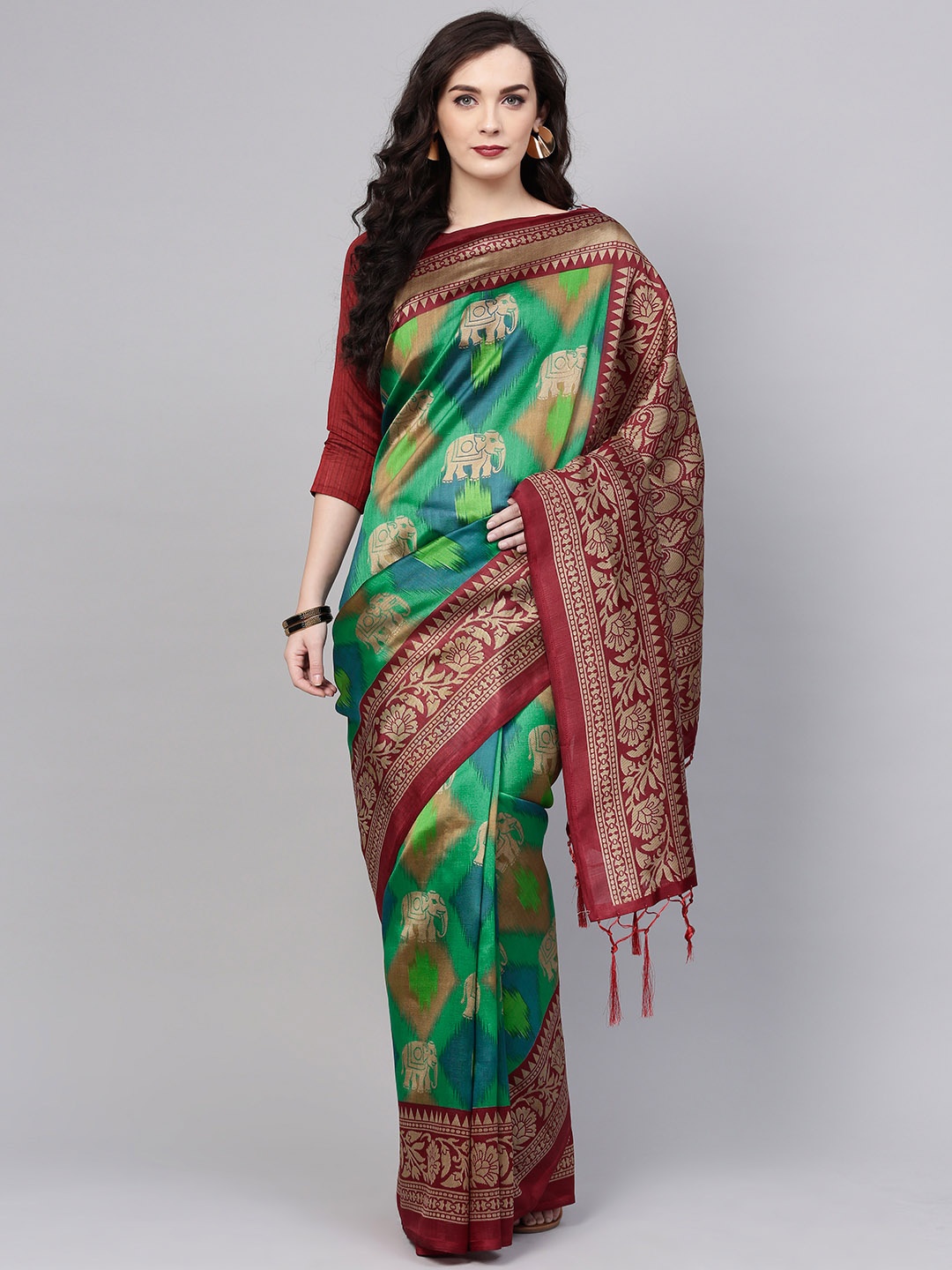 

Saree mall Green & Maroon Printed Bhagalpuri Saree