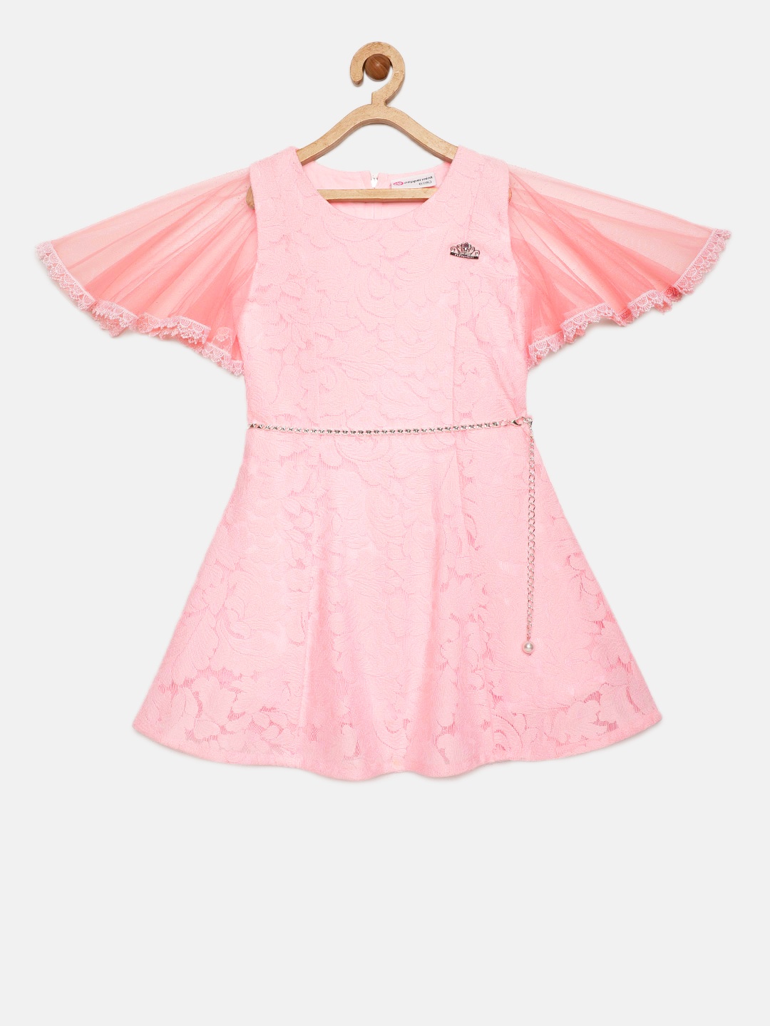 

Peppermint Girls Pink Self Design Fit and Flare Dress
