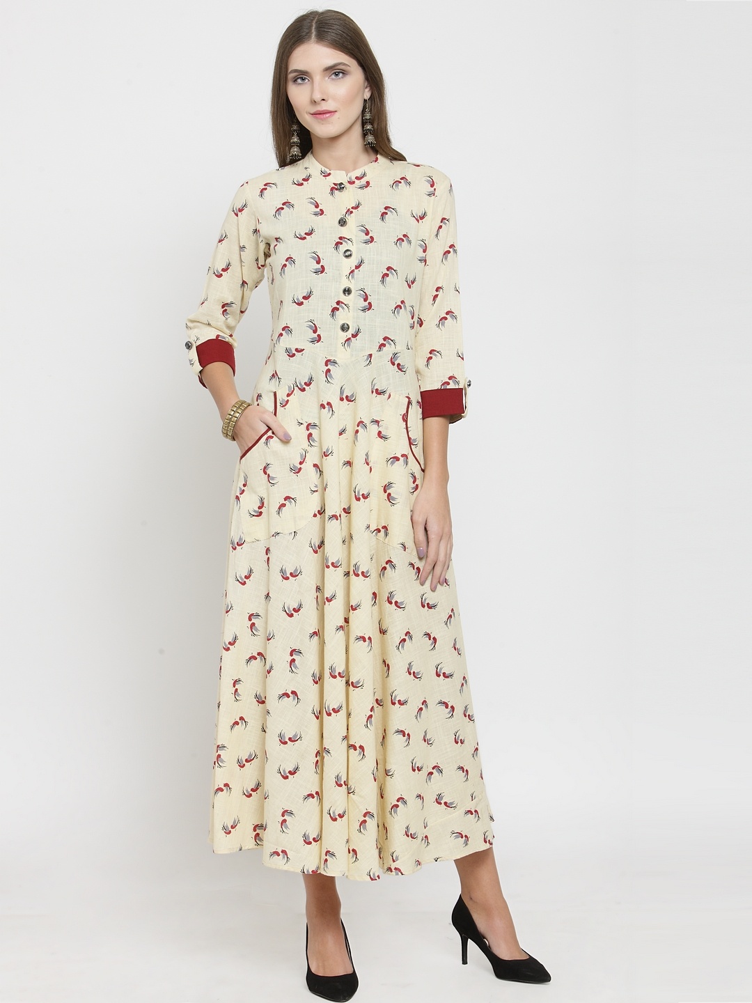

Indibelle Women Cream-Coloured & Maroon Printed A-Line Kurta