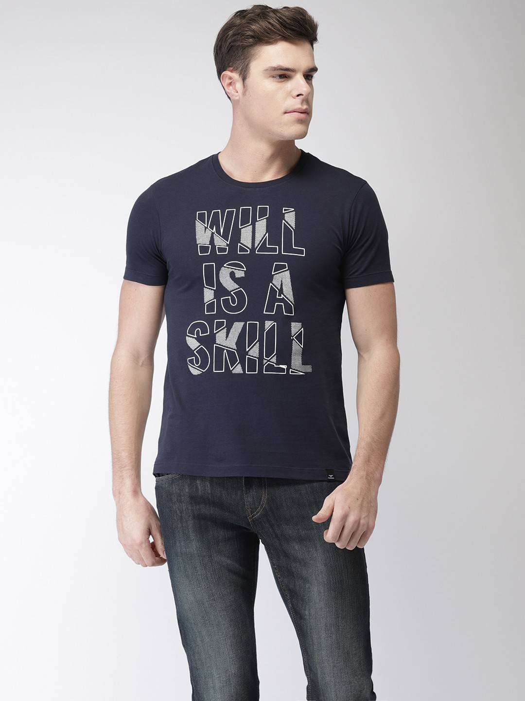 

Flying Machine Men Navy Printed Round Neck Pure Cotton T-shirt, Navy blue