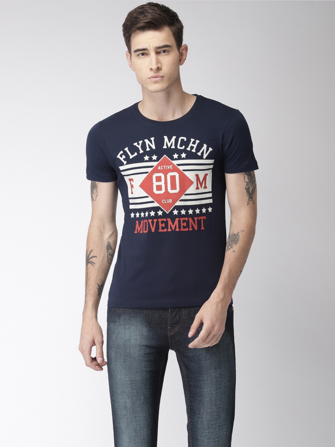 

Flying Machine Men Navy Printed Round Neck Pure Cotton T-shirt, Navy blue