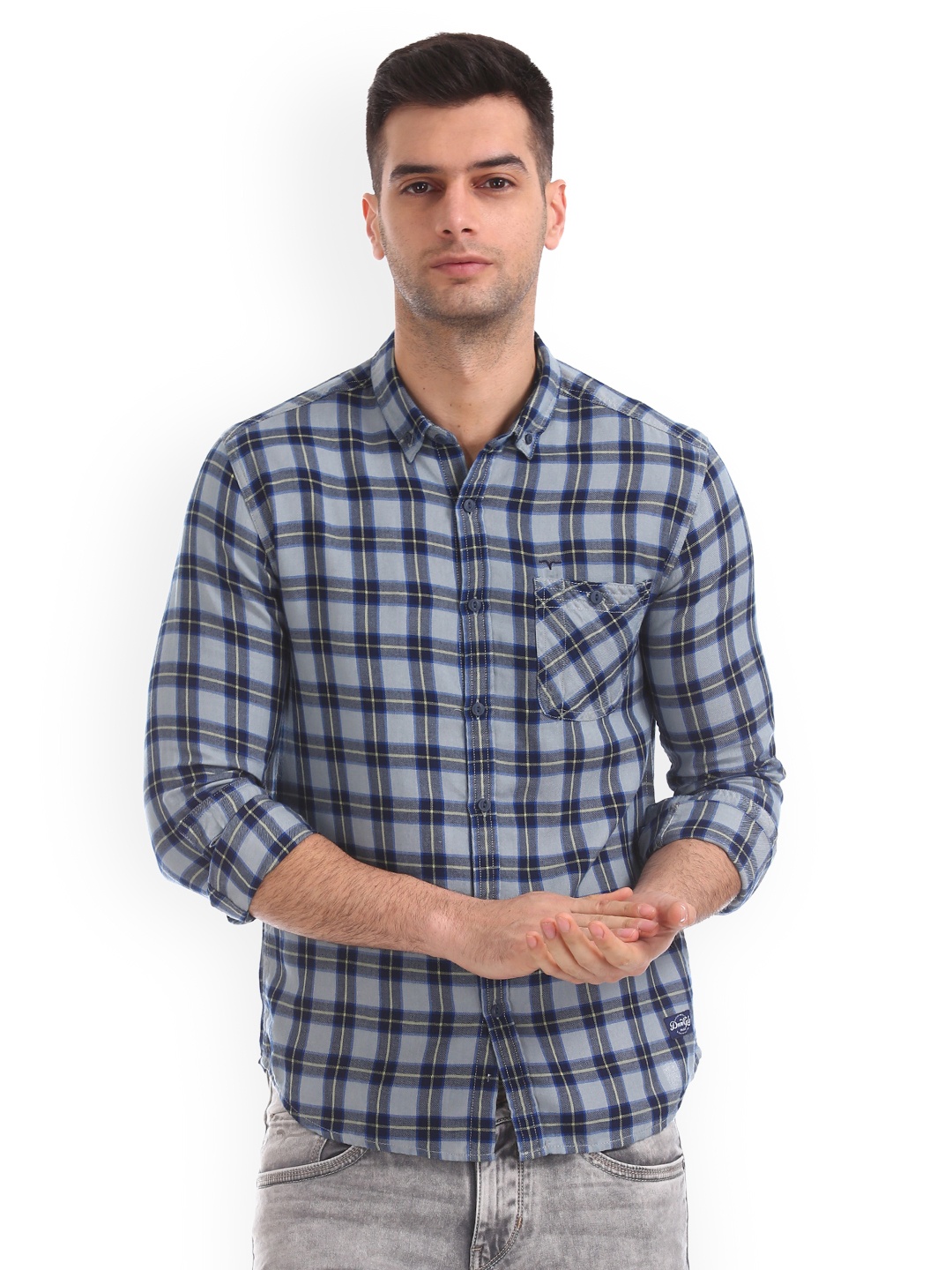 

Flying Machine Men Navy Blue & Grey Regular Fit Checked Casual Shirt