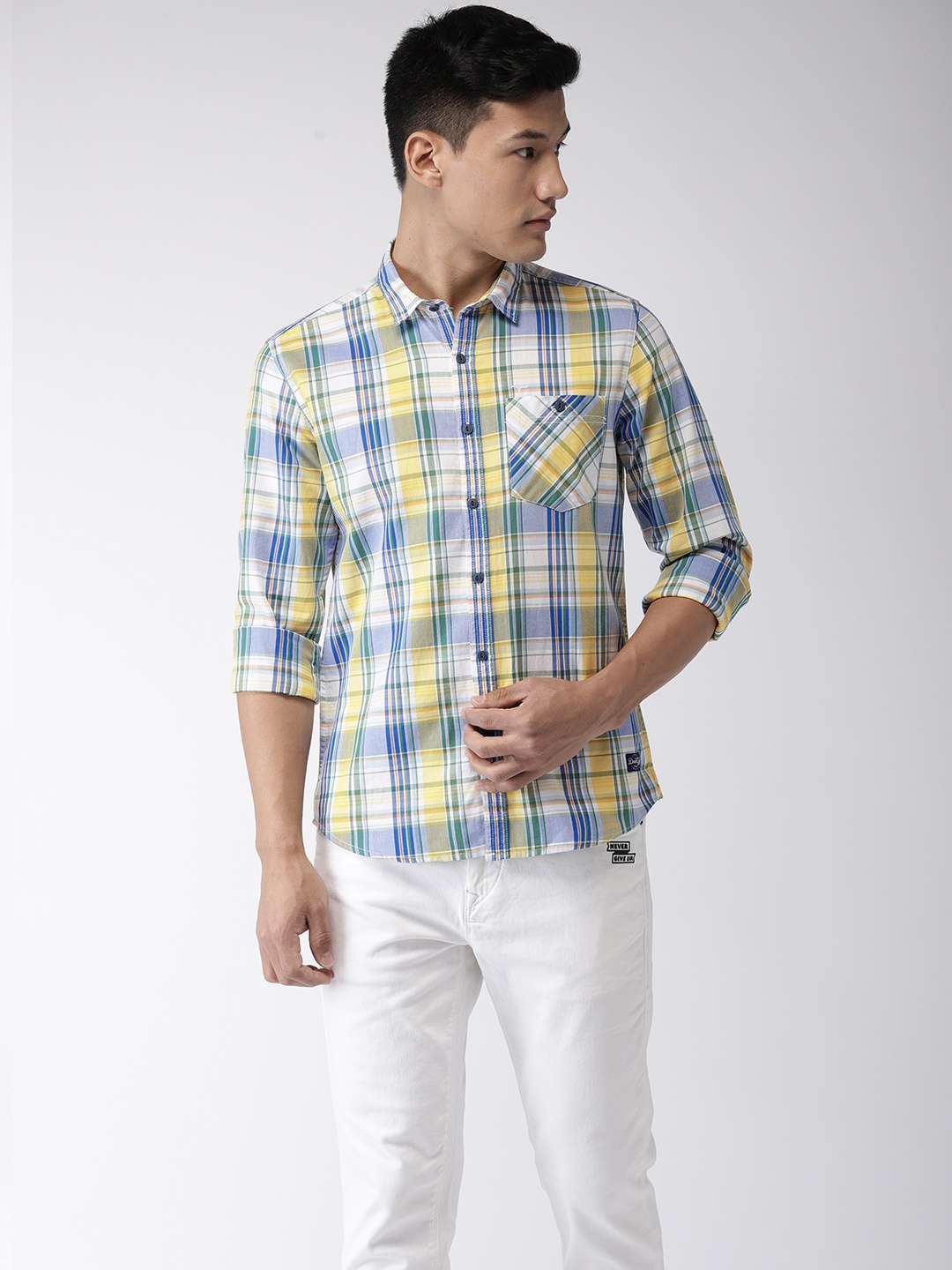

Flying Machine Men Yellow & Blue Regular Fit Checked Casual Shirt