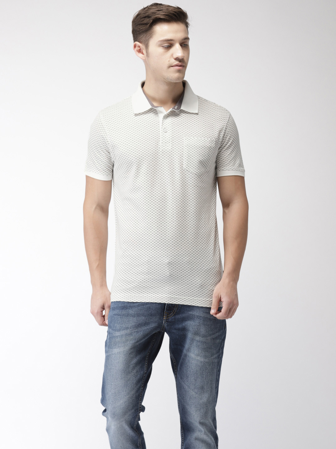 

Flying Machine Men White Grey Checked Polo Collar Pure Cotton T-shirt
