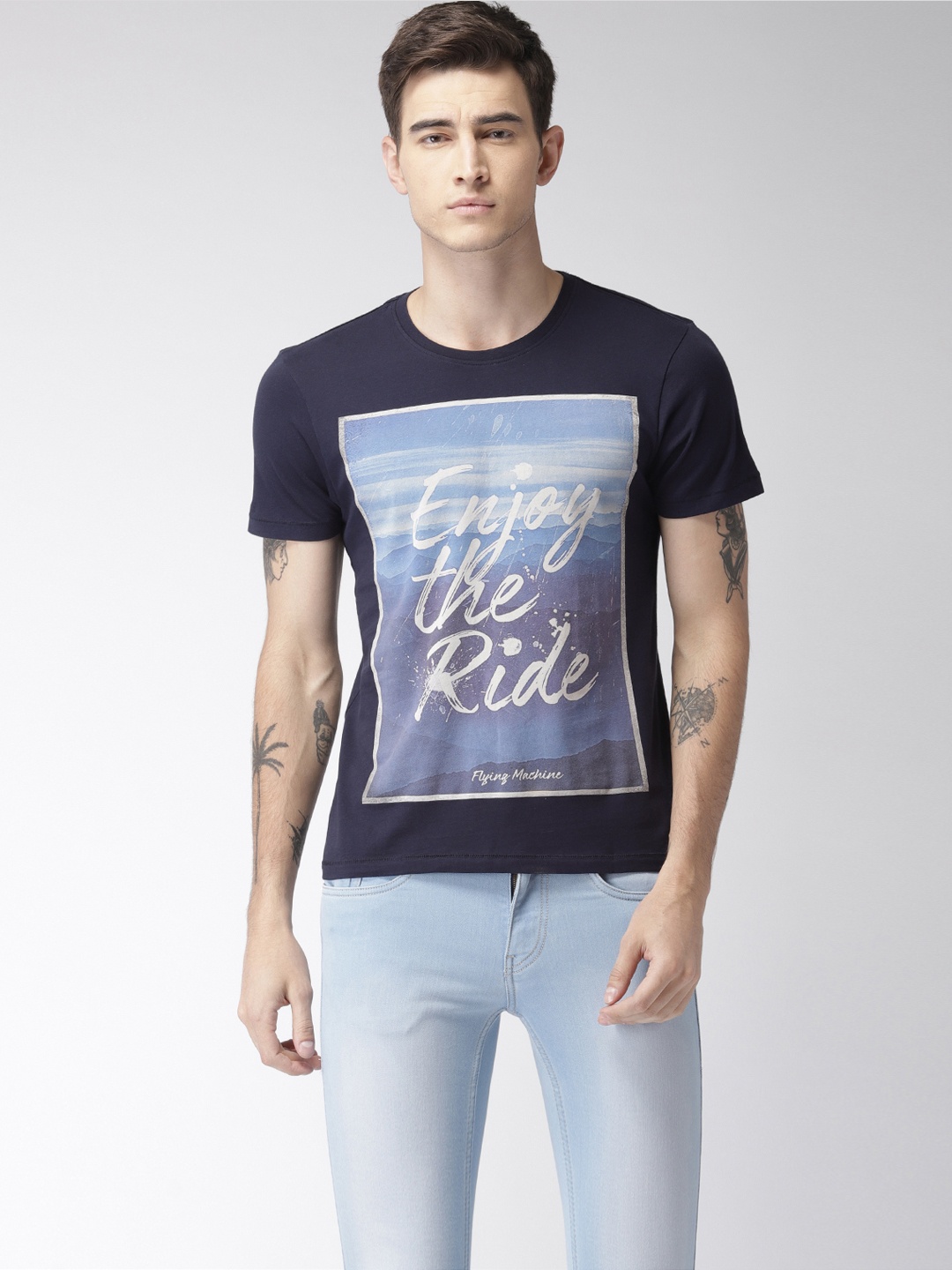 

Flying Machine Men Navy Printed Round Neck Pure Cotton T-shirt, Navy blue