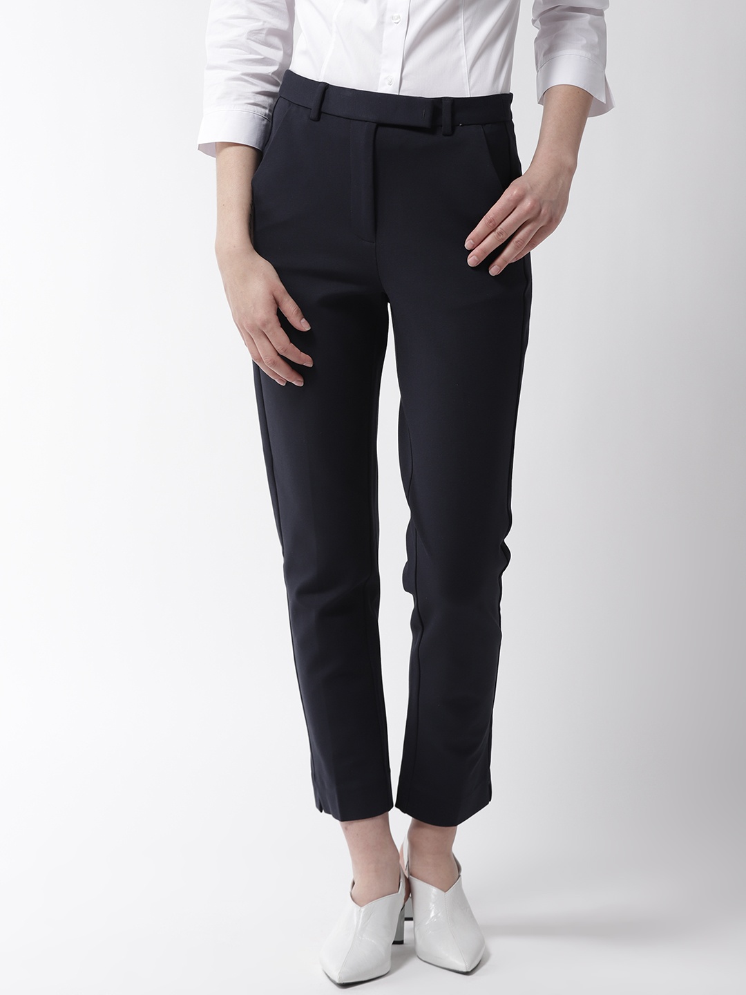 

Marks & Spencer Women Navy Blue Slim Fit Solid Cropped Trousers
