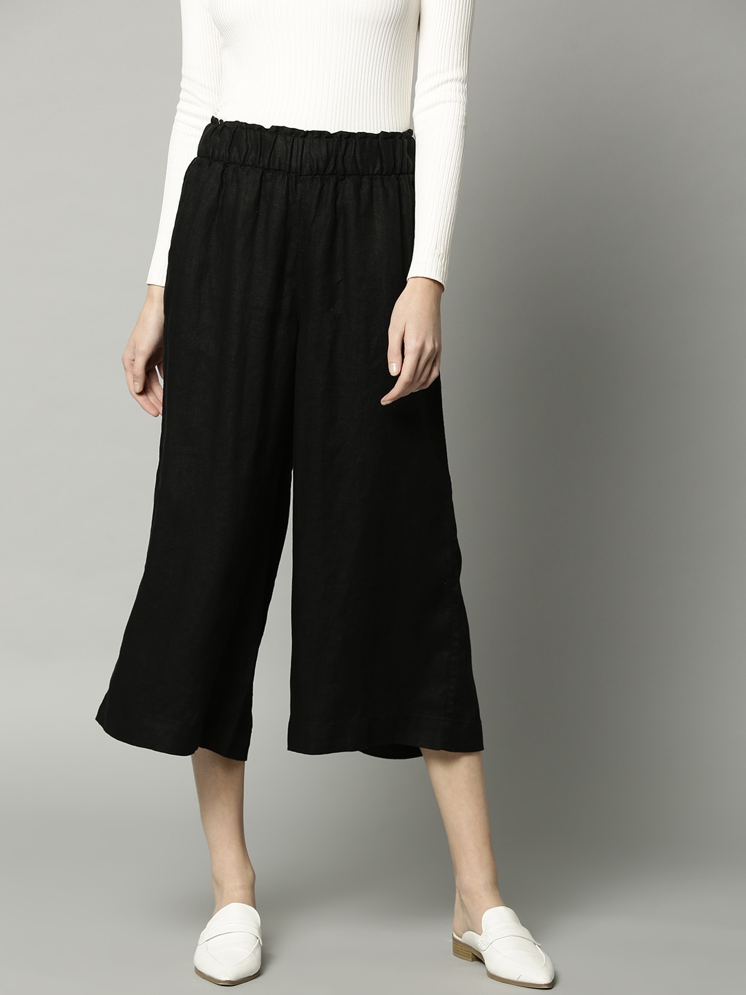 

Marks & Spencer Women Black Linen Regular Fit Solid Culottes