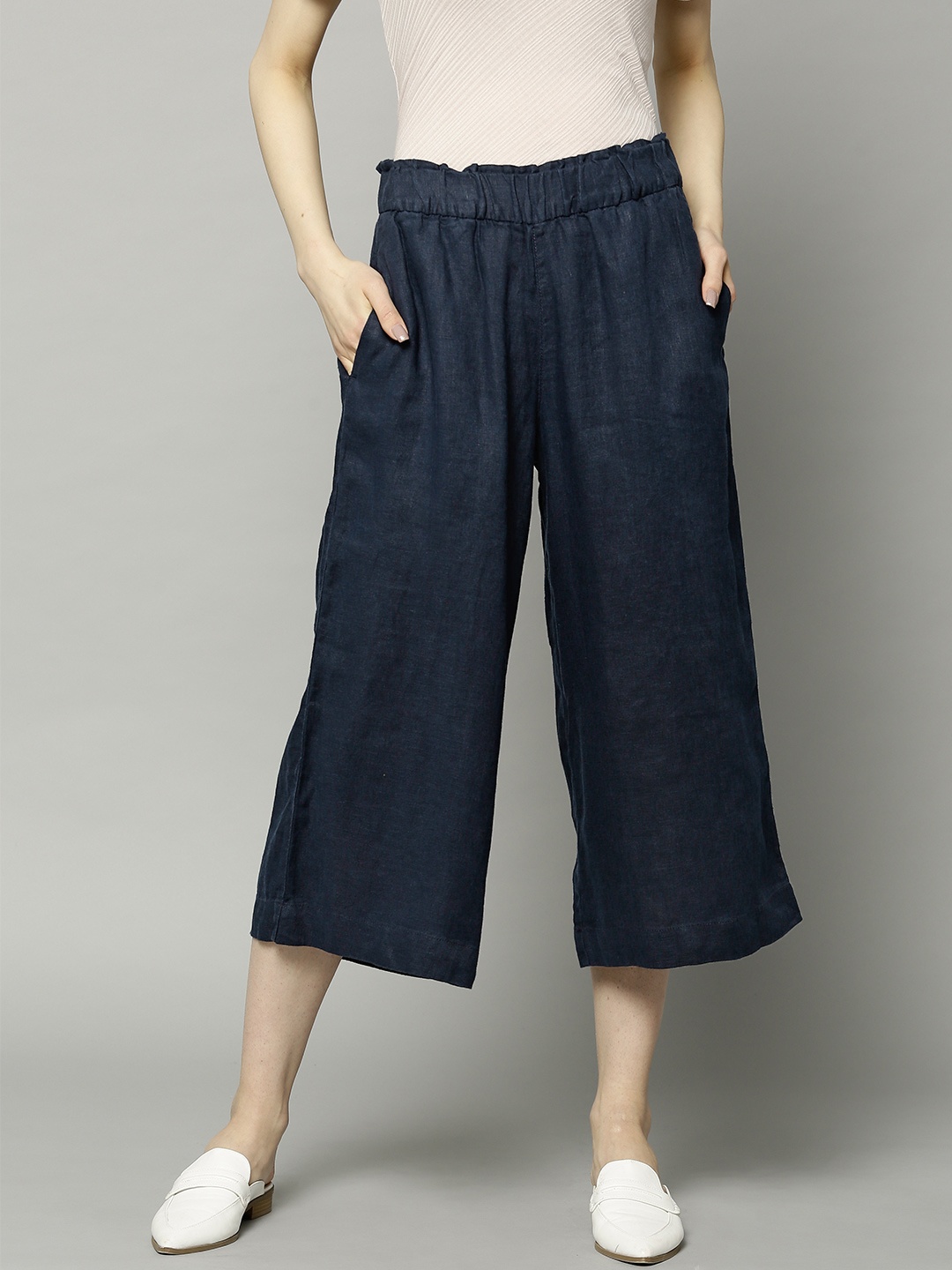 

Marks & Spencer Women Navy Blue Linen Regular Fit Solid Culottes