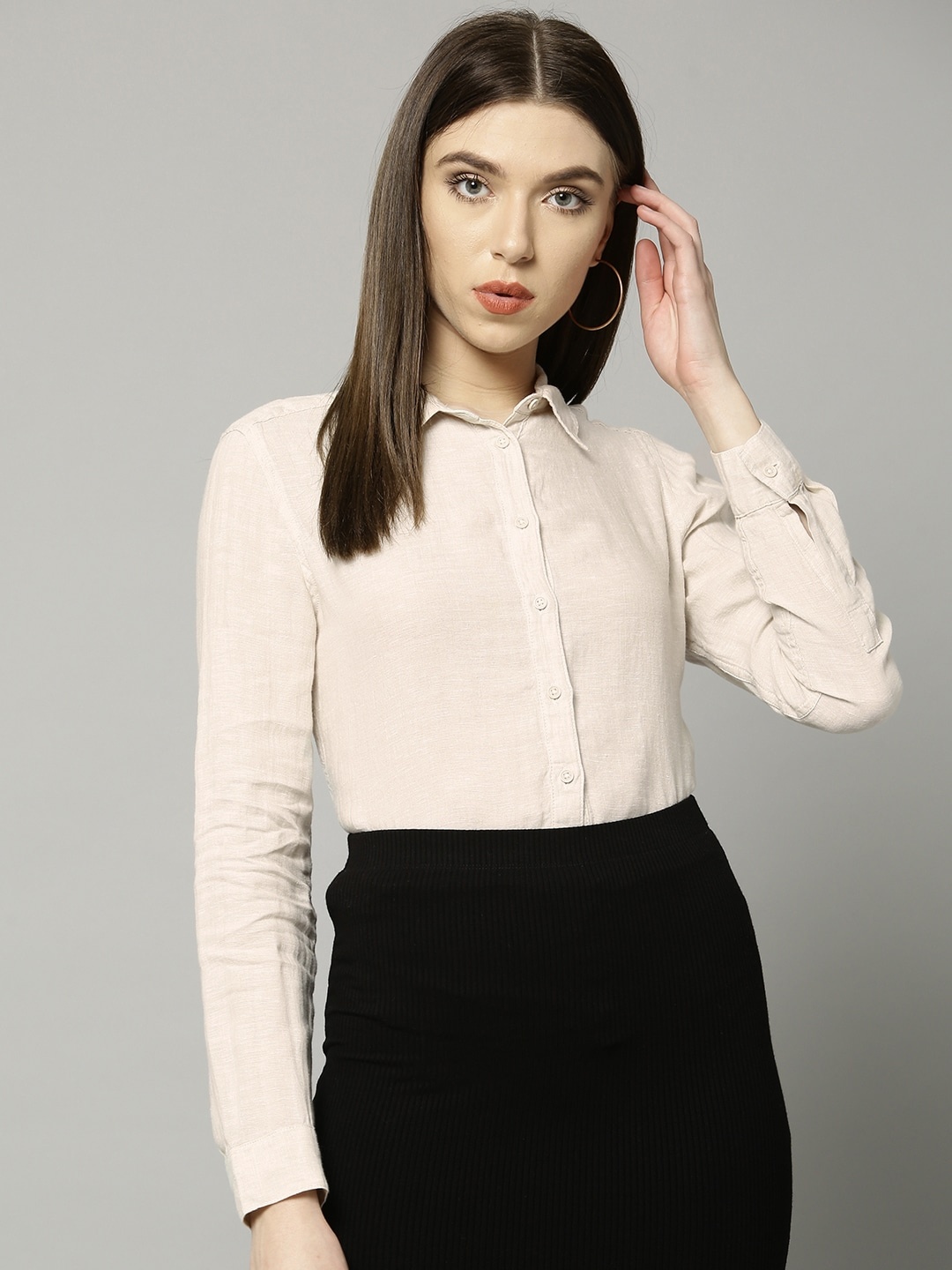 

Marks & Spencer Women Beige Regular Fit Solid Linen Casual Shirt